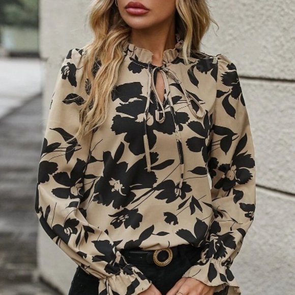 MONARCH FASHION Tops - Boho Khaki Floral Tie Neck Top